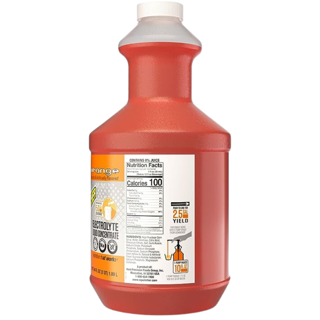 Sqwincher Liquid Concentrate, Yields 5-Gallon, "No Stir Formula", Orange, 64-Ounce