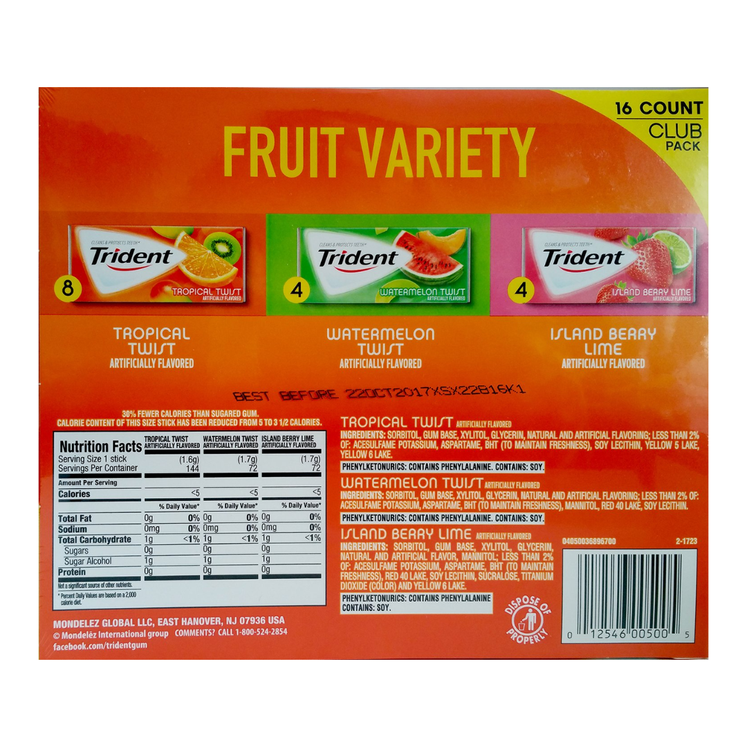 Trident Sugar-Free Gum Fruit Variety Pack 20 pk.